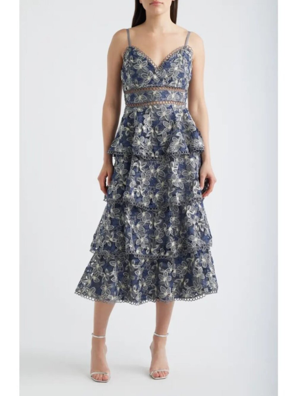 Arose Studio Marcela Floral Embroidered Tiered Midi Dress Bardot Lace Size M NWT
